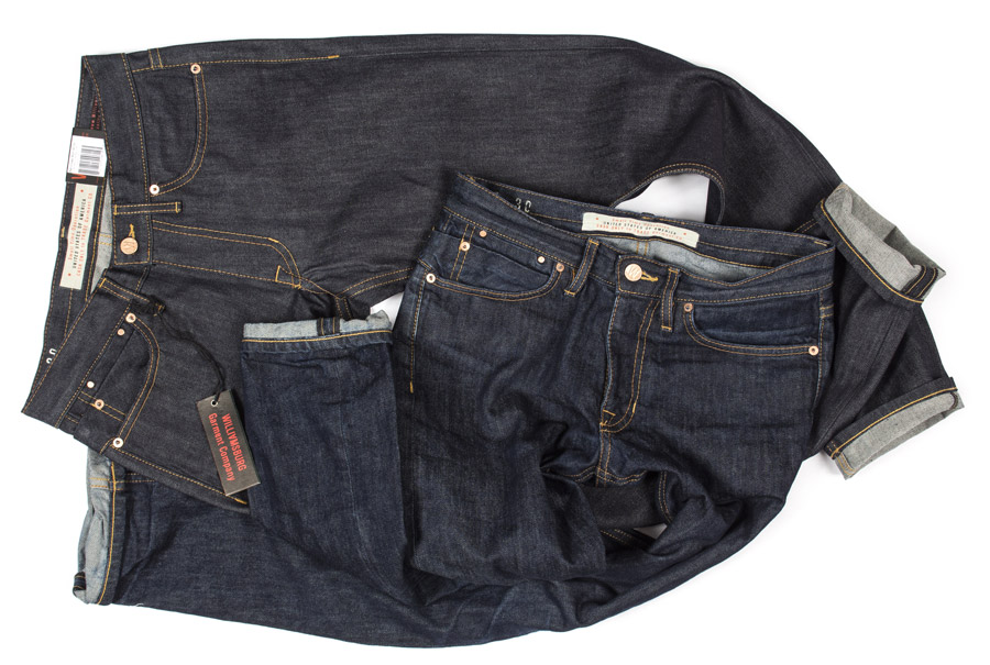 Williamsburg new raw denim jeans compared to broken-in worn jeans