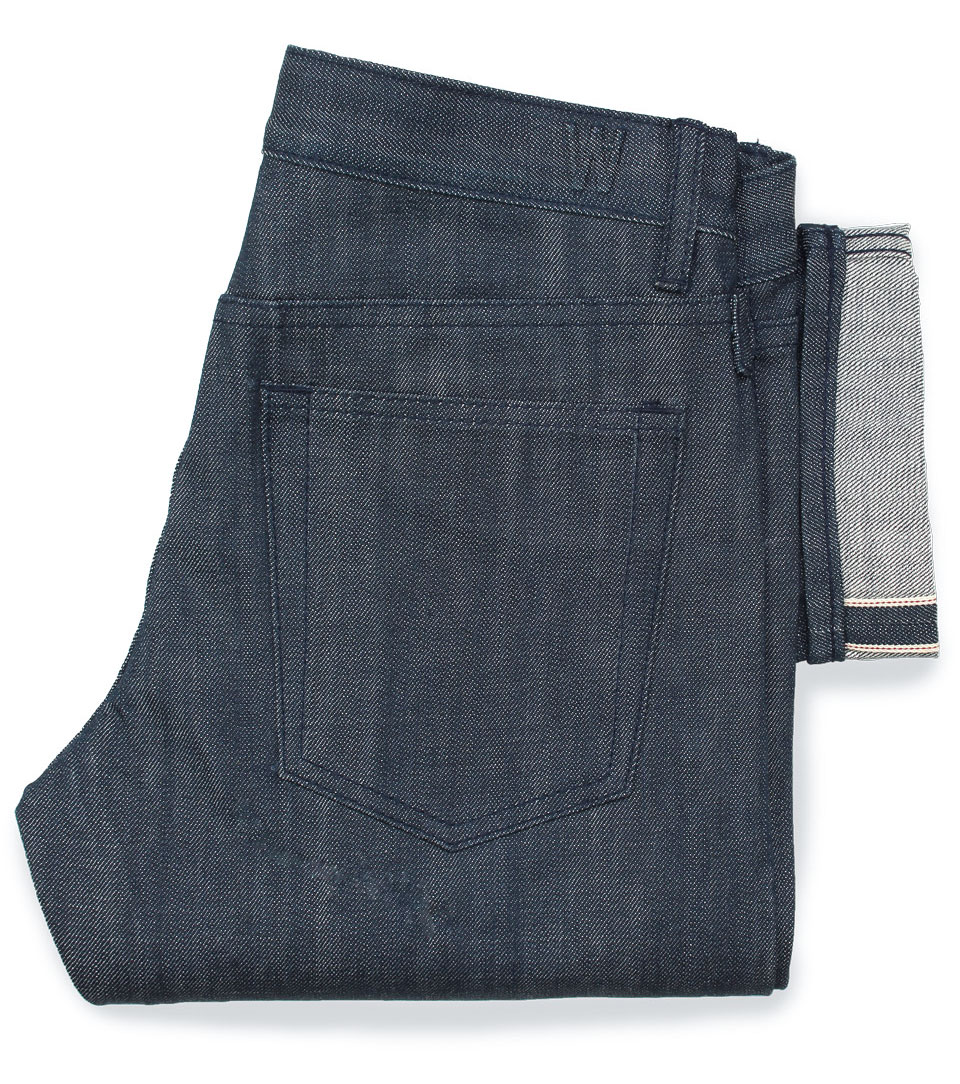 slim raw denim tonal stitch jeans rear retail fold