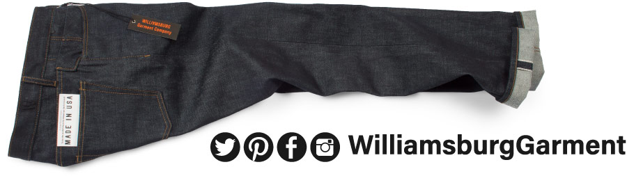 Slim fit men's raw denim American made jeans with Williamsburg social branding
