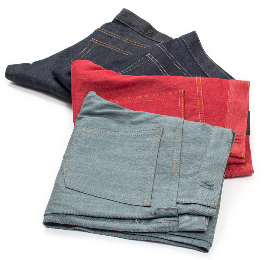 Green, red, lightweight selvedge & stretch denim summer jeans